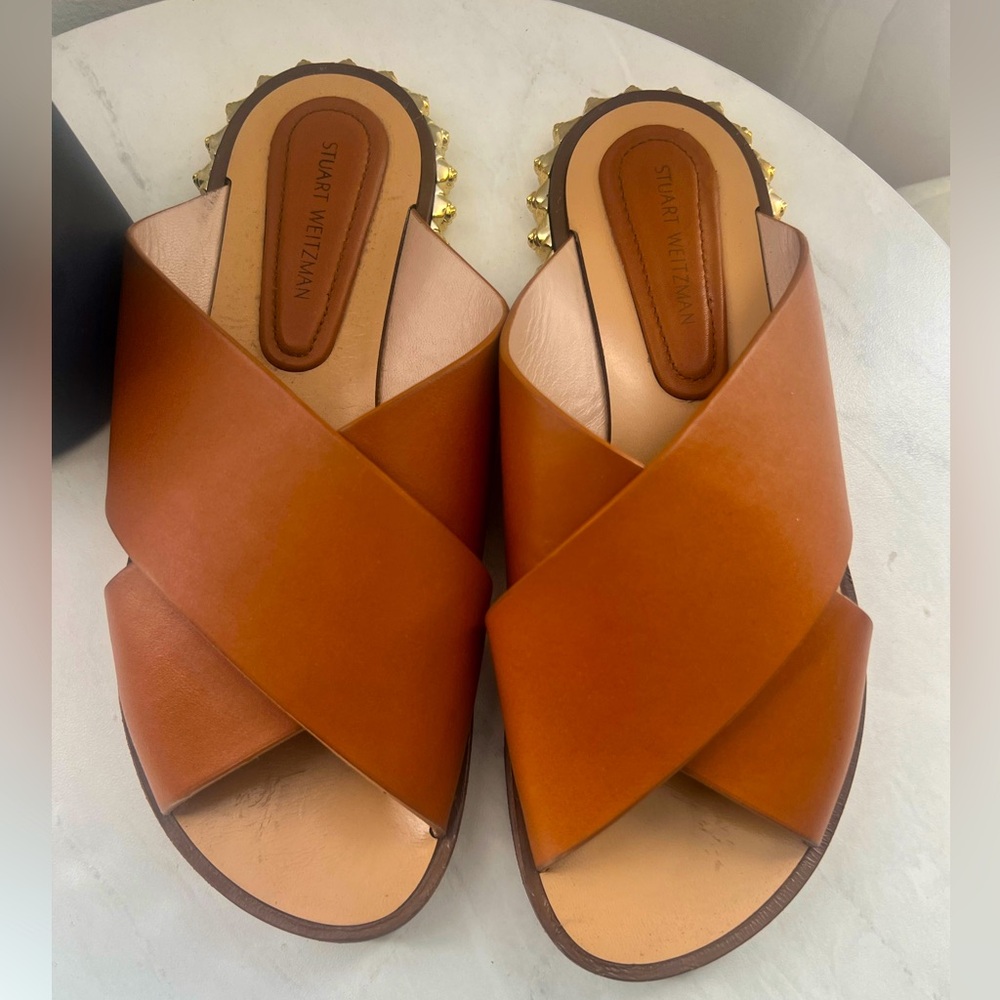 Stuart Weitzman Flat Leather Sandals with gold embellishment Size 38